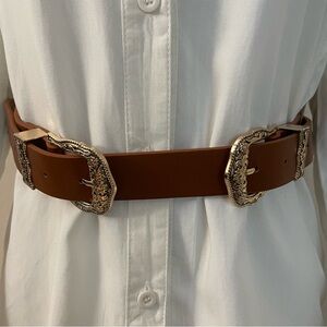 Brown PU leather distressed gold tone double buckle adjustable skinny belt